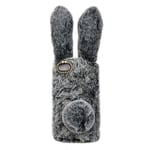 Mikikit Fluffy Bunny Case for Apple iPhone SE 2020, Dark Grey Furry Rabbit Fur Cover Plush Case with Fur Ball Protective Case Cute Toy Girls Gift, Stuffed Plush Animal Phone Case for iPhone 7/8/SE 2