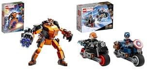LEGO 76260 Marvel Black Widow and Captain America's Motorcycles, Avengers Age of Ultron Set with 2 Motorcycle Toys, Multicolor & 76243 Marvel Rocket Mech Armour Set