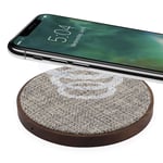 XQISIT Premium Wireless Fast Charger 10W Compatible with iPhone 11/11 Pro/11 Pro Max/Xs/Xs Max/XR/X/8, Galaxy S20/S20+/S20 Ultra/Note 10/S10/S9 with Light Grey Fabric and Wood - Grey