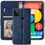 YATWIN Google Pixel 5 Case, Google Pixel 5 Flip Wallet Leather Case with Tempered Glass Screen Protector and Card Slot Kickstand Phone Cases Cover for Google Pixel 5 - Blue
