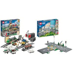 LEGO 60198 City Cargo Train Set, Battery Powered Engine For Kids 6+ Years Old, RC Bluetooth Connection & 60304 City Road Plates Building Set with Traffic Lights, Trees & Glow in the Dark Bricks