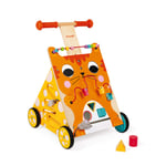 Janod Wooden Activity Baby Walker Cat - Push Along Toy with Brake and Height Adjustable Handle - First Steps, Learning to Walk - From 12 Months Old, J08005
