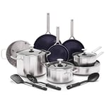 Blue Diamond Cookware Tri-Ply Stainless Steel Ceramic Nonstick 15 Piece Cookware Pots and Pans Set, Includes Frying Pans, Stockpot, Sauté Pan, PFAS-Free, Multi Clad, Induction, Oven Safe, Silver