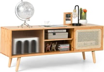 TV Cabinet for 55/65 Inch Tvs, Bamboo TV Stand Table with Glass & Rattan Doors