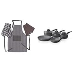 Tower Cerastone Non Stick Frying Pan and Saucepan Set, Induction - 5 Piece with Penguin Home Apron, Double Oven Glove and 2 Kitchen Tea Towels Set - Grey