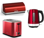 Morphy Richards Equip Red Kettle 2 Slice Toaster & Accents Bread Bin Kitchen Set