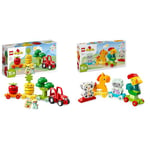LEGO DUPLO My First Animal Train Toy for Toddlers, Creative Bricks Learning Set with Rooster, Horse & 10982 DUPLO My First Fruit and Vegetable Tractor Toy, Stacking and Colour Sorting Toys