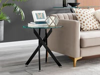 Novara Round Tempered Glass Side End Table with Angled Starburst Metal Legs for Modern Glam Minimalist Living Room
