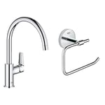 GROHE BauEdge Kitchen Tap, Tool Less Fitting, Chrome Mixer Tap 31367001 & 40457001 | BAU Cosmopolitan Toilet Roll Holder