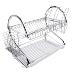 ARyee Two Tier Dish Drainer Rack Silver, Bowls Dishes Plates Cup Holder with Drip Tray
