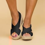 Dam sommar ankelrem mid wedge klack espadriller plattform sandaler skor Black EU 40