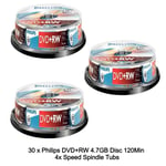 30 Philips DVD+RW 4.7GB Disc 120Min 4x Speed Spindle Tub Rewritable Blank Discs