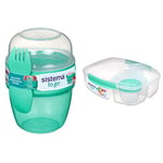 Sistema Snack Capsule To Go | with 2 Compartments & spork | 515 ml | Assorted Colours & To Go Triple Split Lunch Box with Yoghurt Pot | 2L Air-Tight and Stackable Food Storage Container | BPA-Free