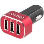 Deltaco strömadapter från cigguttag till USB, 5,1A, 3x USB Type A, 12-18V, svart/röd