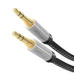 KabelDirekt – 1,5 m – Câble AUX & jack 3,5 mm (câble audio stéréo, enveloppe métallique quasi-indestructible, gaine en nylon anti-nœuds, pour smartphones/portables et autres appareils, noir/argenté)