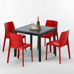 Grand Soleil - Table Carrée Noire 90x90cm Avec 4 Chaises Colorées Set Extérieur Bar Café Rome Passion Couleur: Rouge