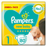 Pampers New Baby Size 1 Nappies, Jumbo - 80 Pack - Soft Comfort & Quick Dry Core