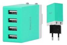 Väggladdare 4 USB-Portar AC 100-240 Volt med USA och EU Adapter Grön