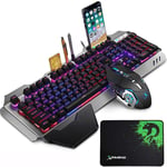 LexonElec Gaming Keyboard and Mouse Sets K618 Wired RGB LED Backlit 104 Keys Hand rest Usb Gamer Keyboard Metal + 2400DPI Optical 6 Buttons PC Game Mouse + Mousepad Compatible with Laptop Computer