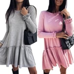 Solid Color O Neck Ruffle Sleeve Dress Gray Xl