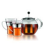 BODUM K1801-16CAR Assam Set Plunger Teapot with Lid and Stainless Steel Filter 1.0 L with 2 Glass Cups Stainless Steel Handle 0.35 L