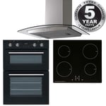 SIA 60cm Black Built-in Oven, 13 Amp Induction Hob & Stainless Steel Curved Hood