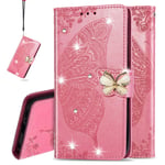 IMEIKONST Wallet Case for Moto G9 Play, Bling Diamond Butterfly Embossed PU Leather With Card Slots Holder Magnetic Closure Flip Stand Cover for Motorola Moto G9 Play Cystal Butterfly Pink SD