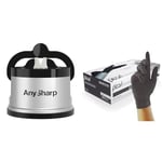 AnySharp Knife Sharpener, Hands-Free Safety, PowerGrip Suction, Safely Sharpens All Kitchen Knives & Unigloves Black Pearl Nitrile Examination Gloves - Multipurpose, Powder Free and Latex Free Gloves