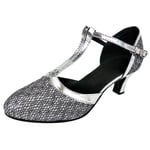 Women's T-Strap Leather Close Pointed Toes Sandals Latin Salsa Ballroom Dance Shoes Low Flared Heel BaojunHT® (Silver,4.5 UK)