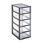 SUNDIS Tag Tower, tour de rangement en plastique gris, 5 tiroirs transparents format papier A4, hauteur 61 cm, idéale rangement bureau, cours, documents, fournitures, accessoires