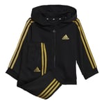 adidas Essentials Shiny Hooded Tracksuit Tracksuit, Black/Gold Met 01, 3 Years Unisex Baby