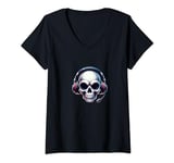 Womens Skull With Headphones Headset Video Gamer Graphic V-Neck T-Shirt