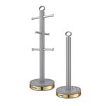 Tower T826092GRY Empire Mug Tree and Towel Pole Set, Stainless Steel, Anti-Slip, Grey and Brass
