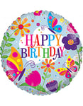 Happy Birthday - Folieballong med Motiv av Blommor och Sommarfåglar 46 cm