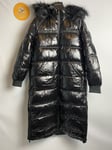 River Island Longline High Shine Gloss Padded Coat Faux Fur Hood Black Size 10
