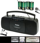 Steepletone STEREO Cassette Tape Recorder (inc BATTERIES + Mains Electric Lead) MW AM/FM Radio, Tape Player with recording facility, Built-In Speakers, MIC In, Carry Handle. Inc: Earphones (Black)