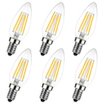 E14 LED Filament Candle Bulb, Kusovcy Small Edison Screw 4W C35 Light Bulbs, Replace 40W Incandescent, 400LM Warm White 2700K, Dimmable SES Candelabra Energy Saving Light Bulbs, 6 Pack