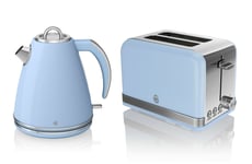 Swan Kitchen Appliance Retro Set - Blue 1.5 Litre Jug Kettle & Blue Modern 2 Slice Toaster Set