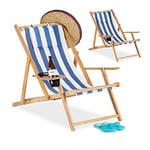 Relaxdays Chaise pliante lot de 2 en bambou tissu chaise de jardin balcon plage porte boissons porte verre, bleu