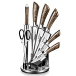 Velaze Knife Sets, 8-Piece Stainless Steel Kitchen Set with Sharpener and Spinning Block - Wood Color