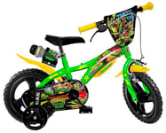 Dino Bikes Teenage Mutant Ninja Turtles - Mutant Mayhem 12 inch Unisex Children’s Bicycle with stabilisers and drinks bottle, suits child 3-5 Years, Green and Yellow