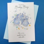 New Born Baby Boy Greeting Card Congratulations Cute Pram Shoes Pale Blue