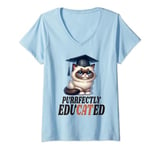 Womens Cute Kitten Purrfectly Educated Cat Graduation V-Neck T-Shirt