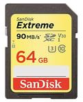 Carte Mémoire SDXC Sandisk Extreme 64Go jusqu'à90Mo/s, Classe 10, U3, V30, FFP