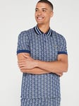 Lacoste Ribbed Collar Monogram Print Polo Shirt - Blue, Blue, Size M, Men