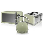 Swan, Retro Kitchen Bundle, 1.8L Dome Kettle, 4 Slice Toaster and 800W Digital Microwave, (Green)