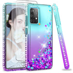 LeYi for Samsung Galaxy A52 5G/4G/A52S Case and 2 Tempered Glass Screen Protector, Girl Clear Glitter Sparkly Crystal Quicksand Cute Silicone Shockproof Hard Phone Cover for Samsung A52 Green Purple
