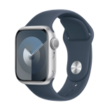 Refurbished Apple Watch Series 9 GPS, 41mm Silver Aluminium Case with M/L Storm Blue Sport Band