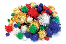 Bright Ideas 100 Multicolour Glitter Assorted Kids Craft Pom Poms, Assorted Sizes and Multi Colour Soft Pom Poms, Arts & Craft, Pompoms Balls for DIY Creative Crafts Decorations