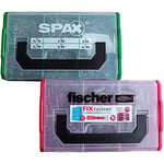 Set comprenant un assortiment de chevilles multi-usages Fischer et un assortiment de vis Spax livrés dans des mallettes de rangement (913 pièces) Rouge/vert